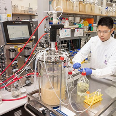 A man wearing a lab coat and safety goggles using a large piece of equipment in a laboratory. The equipment consists of a large half-filled container with tubes directed into several smaller containers.